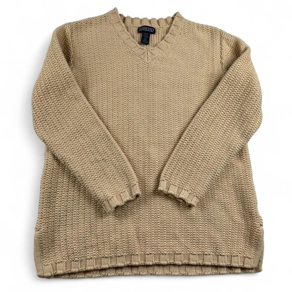 Lands’ End Tan Cable Knit Sweater Women’s Medium Cozy Cotton Pullover Classic